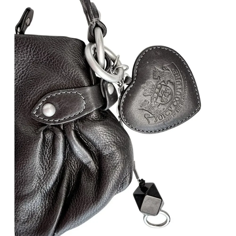 Vintage Y2K Juicy Couture USA Made Black Leather baguette Hobo Bag Heart Charm